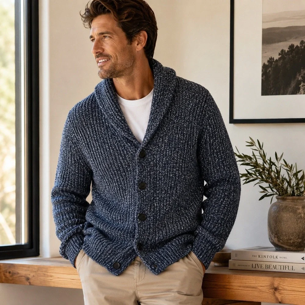 Banana Republic Cardigan Mens Large Blue Shawl Collar Chunky Knit Cotton Sweater